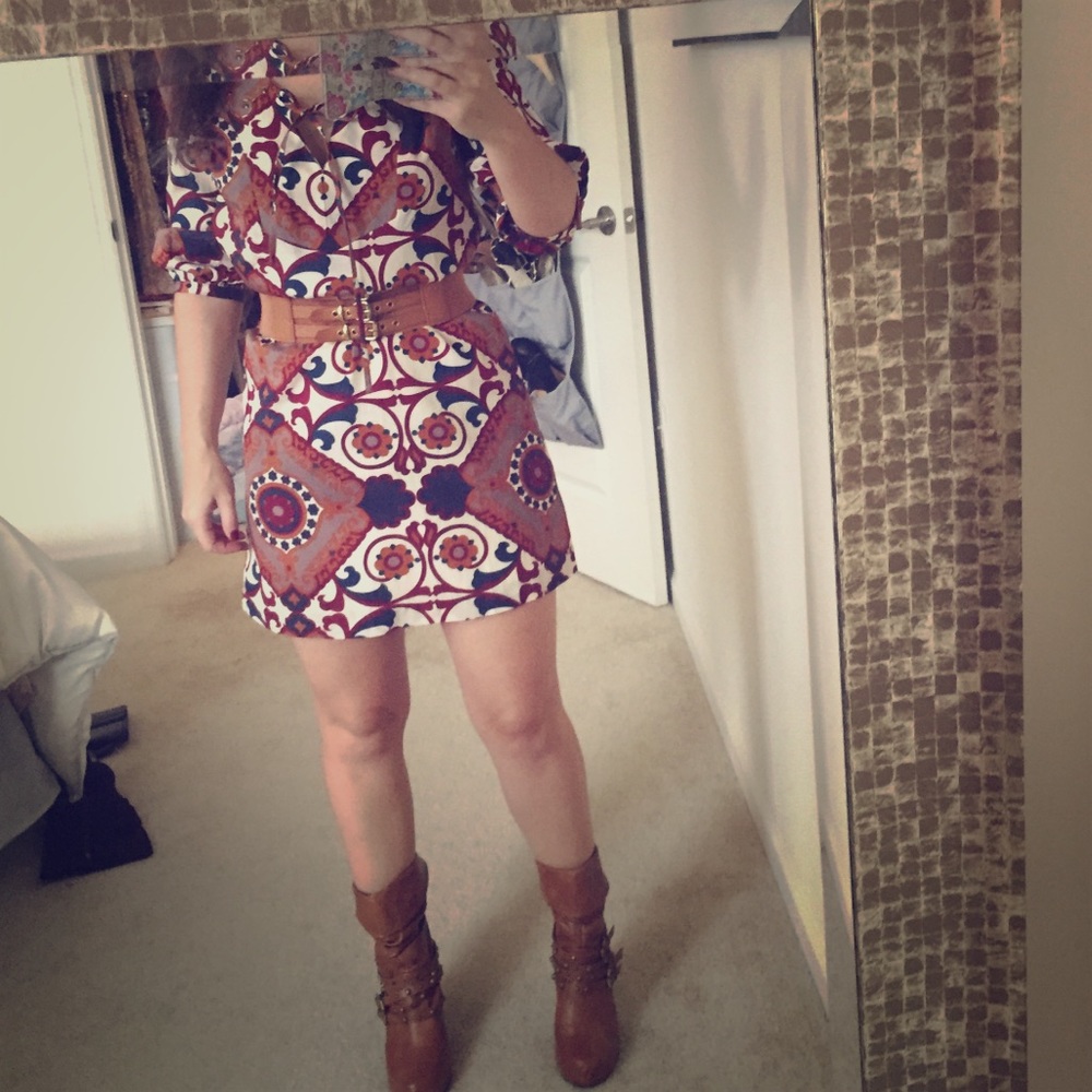Boho print 3/4 sleeves dress with embroidery.